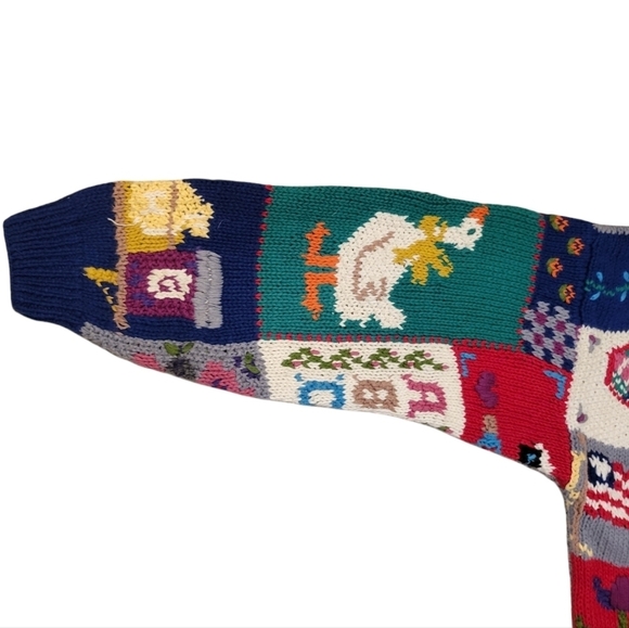 Vintage Northern Isles Hand Knit Granny Nursery Rhyme Patchwork Sweater SZ Large - Picture 7 of 11